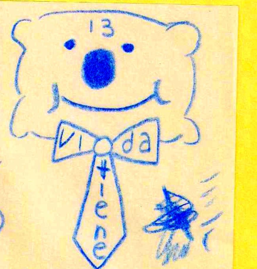 dibujo de osito con corbata y el numero trece dibujado en la frente